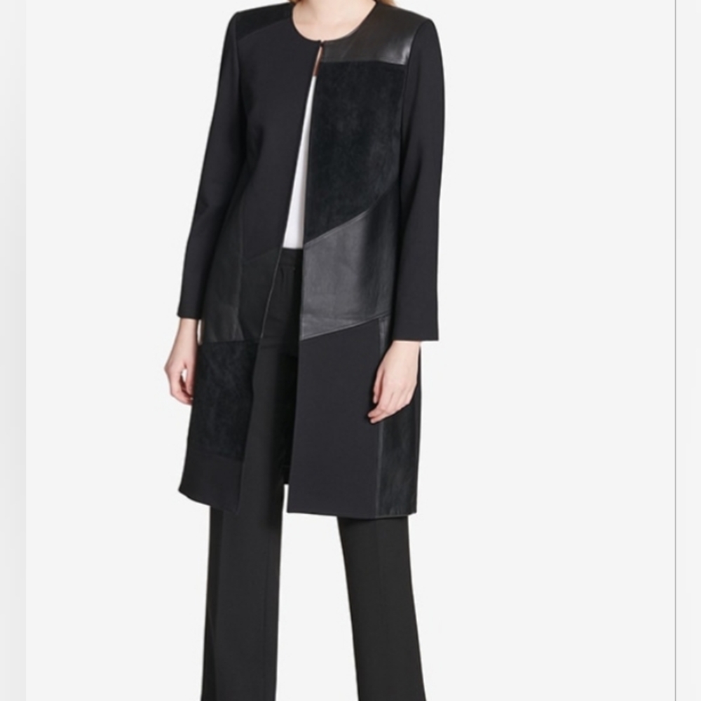 Calvin Klein Midweight Black Faux Suede And Leather Paneled Coat- Sz 6
